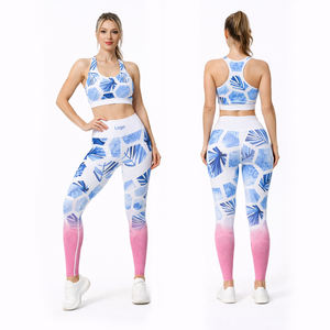 Ensemble soutien-gorge de sport et leggings taille haute pour femme, imprimé feuilles tropicales, dégradé, pour yoga, gym, entraînement, vêtements de sport - Product Image 1