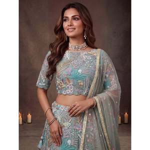 Sparkling Pista <b>Green</b> Embroidered <b>Net</b> Lehenga Choli for Women - Product Image 3