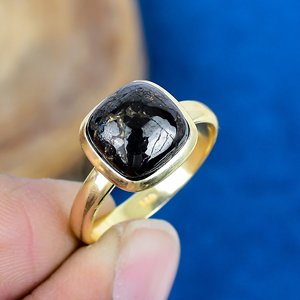 Natural Copper Shungite Square Shape Gemstone <b>Ring</b> 18k <b>Gold</b> Micron Over 925 Sterling Silver - Product Image 1
