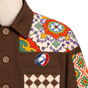 Veste de travail marron chocolat à motifs floraux multicolores, patchwork, boutonnée sur le devant, style streetwear décontracté avec poches utilitaires - Product Image 5