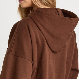 Women's <b>Brown</b> Cropped Hooded Zip-Up Sweatshirt <b>Long</b> <b>Sleeve</b> Solid Color Knitted Oversized Winter Wear 100% Cotton Eco-Friendly - Product Image 5