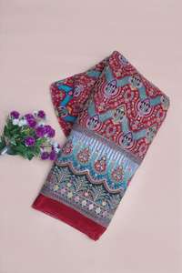 Tissu en crêpe naturel marron à imprimé floral géométrique ethnique avec bordure ornementale épaisse pour la confection de robes Kurti - Product Image 2