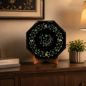 Placa Decorativa Ecológica con Incrustaciones de Mármol Negro y Arte Floral de Piedras Semipreciosas, Placa Octogonal con Base de Madera - Product Image 1