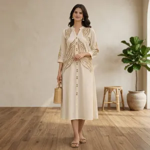 Vestido Midi Boho Bordado con Cuello en V para Mujer, Manga Tres Cuartos, Holgado, de Lino y Algodón, Verano, Casual, Tejido Transpirable, Dobladillo Recto - Product Image 5