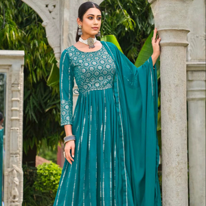 Traje Palazzo Semisentado de Faux Georgette para Mujer con Bordado y Lentejuelas, de Secado Rápido, para Todas las Estaciones, Largo hasta la Rodilla, Corte Regular, Moderno - Product Image 1