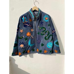 Chaqueta de terciopelo azul pizarra premium con bordado de motivos cósmicos y serpientes, hecha a mano, para mujer, ideal para festivales. - Product Image 1