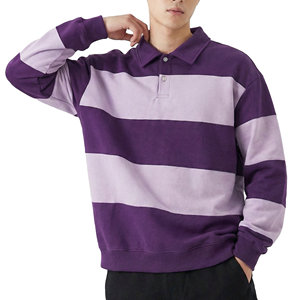 Polo à manches longues rayé sur mesure pour hommes, en jersey de coton, coupe oversize, ourlet côtelé, style rugby, vente en gros - Product Image 1