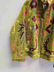 Premium <b>Green</b> <b>Velvet</b> Suzani <b>Jacket</b> for <b>Women</b> Multicolor Floral Embroidery Bohemian Ethnic Coat Wholesale Designer Winter Wear - Product Image 5