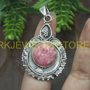 Colgante de Rodonita Rosa Natural Hecho a Mano en Plata de Ley 925, Joyería Boho Vintage, Gema Cabujón Redonda, Regalo para Ella - Product Image 4
