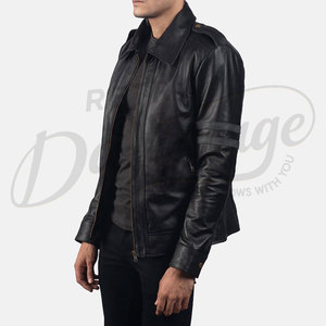 Chaqueta de Cuero Genuino Negra para Hombre con Franjas Grises en los Bíceps, Chaqueta de Motero Elegante, Corte Ajustado, Abrigo Urbano de Invierno - Product Image 5