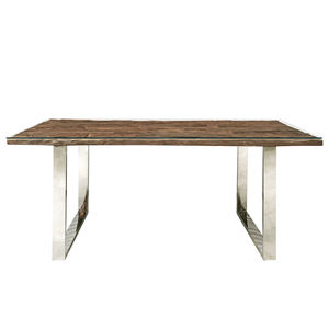 Table de salle à manger pour la maison, en bois recyclé, style vintage antique, avec plateau carré de style rétro naturel et pieds en acier inoxydable en forme de U - Product Image 2