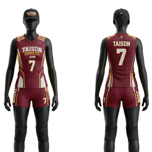 Premium 180 GSM Breathable Polyester Spandex <b>Volleyball</b> Uniform Maroon Gold Side Panel Design Custom Sublimation Logo <b>Set</b> - Product Image 1