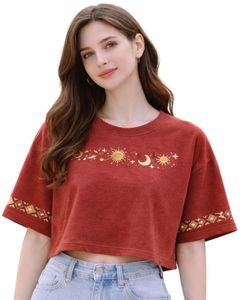 Camiseta Corta Roja para Mujer con Bordado Celestial de Sol y Luna, Manga Corta, Informal, de Moda, Mezcla de Algodón Suave, para Verano, Venta al Por Mayor - Product Image 1