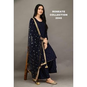 NOUVELLE ARRIVÉE RAYON COTON BRODERIE MIROIR TRAVAIL TOP PALAZZO AVEC DUPATTA BLEU MARINE - Product Image 1