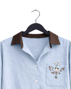 Conjunto de Dos Piezas para Mujer, Camisa Azul Claro Bordada y Pantalones Anchos Marrones, Atuendo Casual de Algodón y Lino, Ropa Holgada de Verano, OEM - Product Image 6