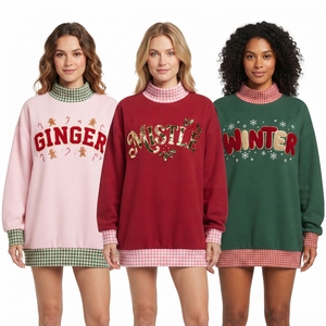<b>Women's</b> Cream Mockneck <b>Sweatshirt</b> With <b>Red</b> Plaid Trim And Embroidered Merry Lettering Winter Pullover - Product Image 4