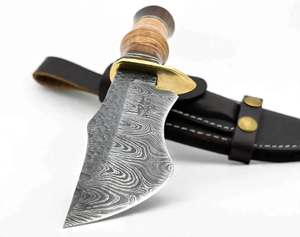 Handcrafted Custom Damascus Steel Outdoor Utility <b>Tool</b> Recurved Blade Stacked <b>Leather</b> Walnut Wood Handle Brass Guard - Product Image 4