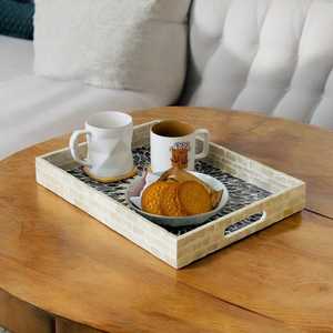 Sunburst Mother Pearl Inlay Handmade Modern Luxury Design <b>Black</b> White Mosaic Rectangular Wooden Base Storage Serving <b>Tray</b> - Product Image 3