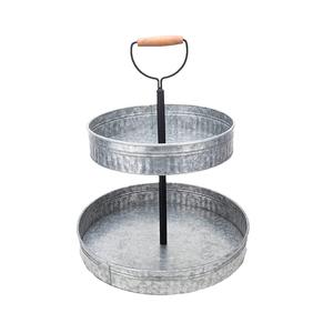 Plateau de service à 2 niveaux en métal galvanisé avec poignée en bois, style farmhouse, plateau rond pour gâteaux et desserts, pour la cuisine - Product Image 1