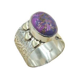 Bague en cuivre violet et turquoise, argent sterling 925 et laiton, faite à la main, design cœur, bague statement, style bohème vintage, bijoux en pierres précieuses - Product Image 1