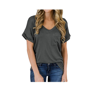 Camiseta Casual de Manga Corta con Cuello en V para Mujer, Logotipo Personalizado, Transpirable, de Algodón Tejido, Suave y Cómoda para Uso Diario - Product Image 1