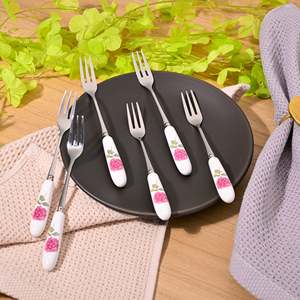 Chic <b>Set</b> of 6 Ceramic Ruffled Pink Forks Cute Metal and Wood Handle for Dinner Fruit and Dessert Use - Product Image 1