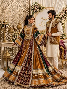Robe traditionnelle afghane brodée verte et or, robes de mariage afghanes, ensemble dupatta, manches longues, robes décontractées pour femmes - Product Image 5