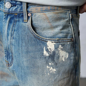 Jean pour homme 100% Coton Coupe Droite Taille Mi-Haute Style Hip Hop en Denim Ample avec Lavage Enzymatique Intensif Effet Délavé et Usé - Product Image 5
