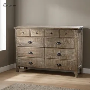 <b>Rustic</b> Wooden 10 Drawer <b>Cabinet</b> with Natural Finish and Metal Handles for Bedroom Storage Living Room <b>Cabinets</b> - Product Image 4