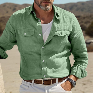 <b>Men</b>’s Long Sleeve Cotton Linen Summer <b>Shirt</b> Solid Color Lapel Casual <b>Beach</b> Street Wear Top - Product Image 5