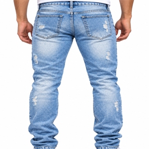 Jean en denim délavé pour homme, style streetwear, coupe droite, en coton, délavage moyen, mode printemps, confort et extensibilité - Product Image 2