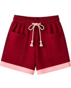 Red Women Lounge Set Contrast <b>Trim</b> Short Sleeve T Shirt & Shorts Casual Summer Two Piece Outfit Soft Breathable Cotton Blend Set - Product Image 2