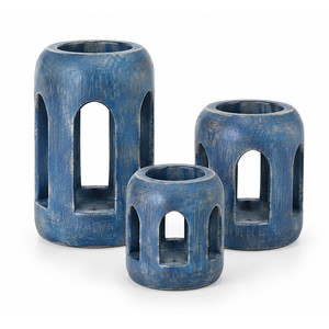 Lanterne à bougie tealight en bois de manguier artisanal, bleu Santorini, lot de trois, vente en gros - Product Image 1