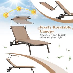 Chaise longue de patio robuste et réglable avec auvent, porte-gobelet et roulettes - pour se prélasser au soleil en extérieur - Product Image 5
