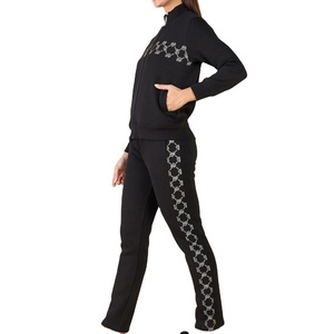 Ensemble de survêtement patchwork 2 pièces pour femme – Veste zippée et pantalon de sport |   Ensemble de survêtement décontracté en coton pour femmes - Product Image 2