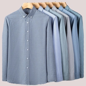 100% Cotton Oxford Striped Checkered Solid Color Wrinkle Resistant Long Sleeve Button Down Formal Business Dress <b>Shirt</b> For Men - Product Image 1