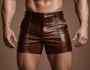 Shorts pour homme taille haute en similicuir avec texture crocodile, fermeture boutonnée, style décontracté, poches en cuir véritable, exclusif - Product Image 1