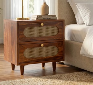 Wholesale modern solid wood bedside <b>table</b> 2 rattan drawer fluted nightstand bedroom nightstand home furniture Jodhpur - Product Image 2
