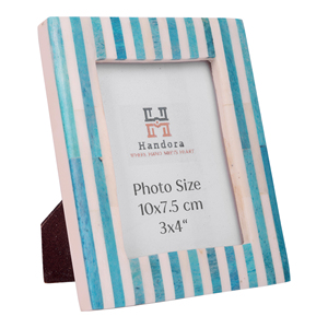 Bone Foldable 3x4 Inch Blue Striped Rectangular Tabletop Photo Frame Handmade Modern Vintage Home Decor - Product Image 4