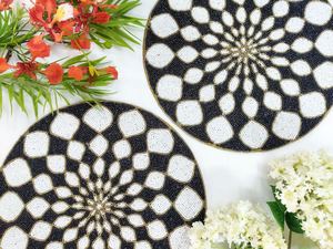 Handmade Beaded Round Placemat Black White Bohemian Design Fabric <b>Table</b> <b>Mat</b> 450 Mm Diameter - Product Image 2