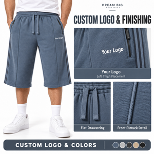 Shorts 3/4 en molleton 100 % coton pour homme, bleu, taille élastique avec cordon de serrage, poches latérales, poche arrière, coupe ample, vente en gros - Product Image 4