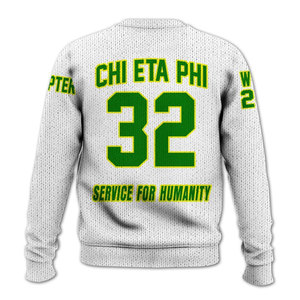 เสื้อสเวตเตอร์ไหมพรมคอกลมสีขาวเขียวลายตัวอักษรกรีก Chi Eta Phi สำหรับผู้ชาย ทรงปกติ สวมใส่สบาย - Product Image 2