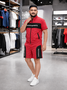 REXFIT SPORTS 2026Custom Unisex Red Black Crinkle Nylon Set Short Sleeve Zip <b>Jacket</b> Shorts Private Label Sportswear Manufacturer - Product Image 4