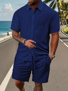 Ensemble chemise et short pour homme, gris clair uni, manches courtes, tenue décontractée d'été, coton tricoté respirant, ensemble deux pièces - Product Image 2