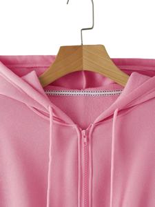 Vente chaude femmes sweats à capuche et sweats recadrés couleur rose unie fermeture éclair décontracté Street Wear coton sweats à capuche vierges en vente - Product Image 2