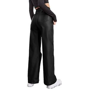 Women Genuine <b>Leather</b> Pants High Waist Regular Fit Stretch Faux <b>Leather</b> Straight Trousers Casual Streetwear Eco-Friendly - Product Image 4