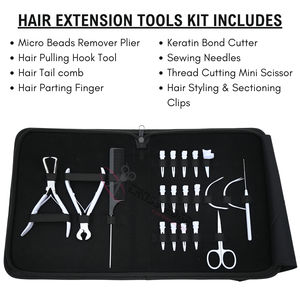 Kit de pinces professionnelles noires pour extensions capillaires (micro-anneaux, nano-anneaux, extensions à bandes adhésives), avec crochets, enfileurs et pinces à velcro - Product Image 2