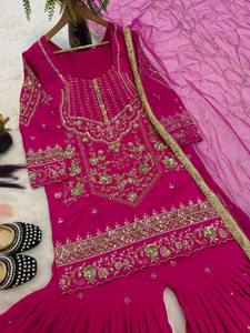 Conjunto de Salwar Kameez Rosa de Seda con Bordado de Espejo, Traje Anarkali Largo hasta el Suelo, Dupatta a Juego, de Secado Rápido, para Fiestas Tradicionales - Product Image 5