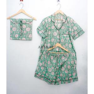 Conjunto de Pijama Corto de Algodón para Mujer, Cómodo y Transpirable, con Botones de Encaje, Estampado Indio a Mano, Pantalones Cortos de Pijama para Verano - Product Image 6