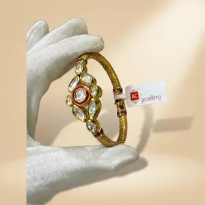 Bracelet Kundan en laiton indien en gros, Kada de mariée traditionnel fait main, bijoux ethniques de mode pour mariage, diamant rubis ovale - Product Image 5